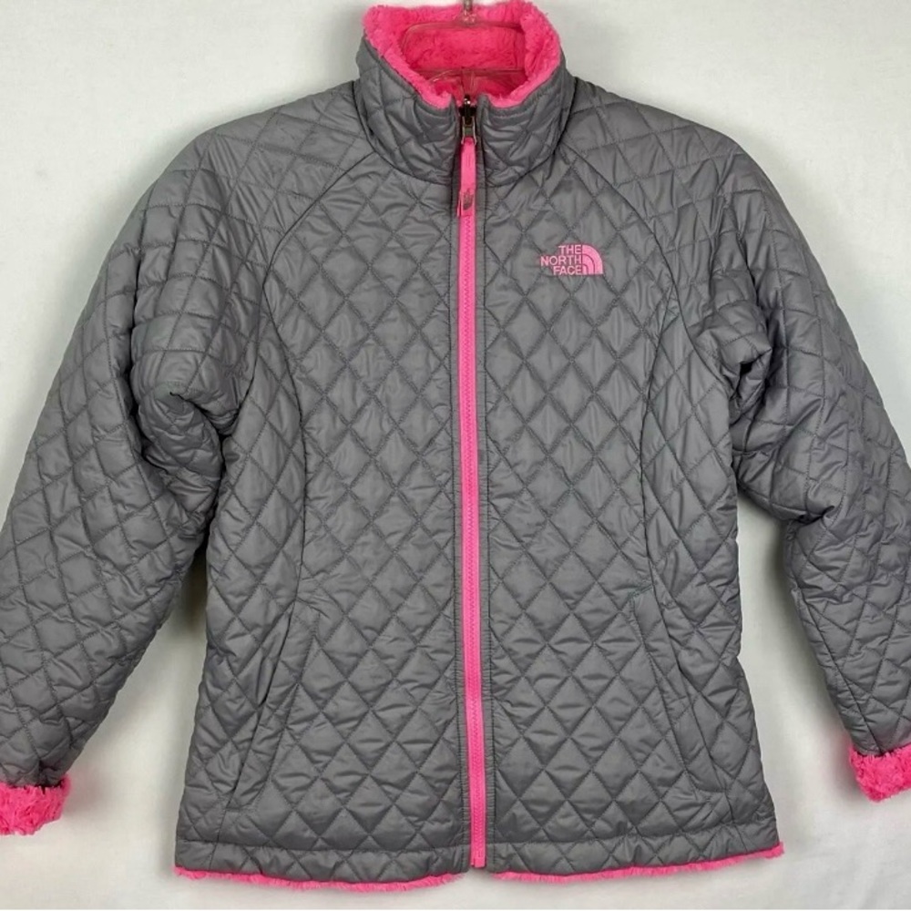 The North Face Girls Jacket Gray Pink Reversible Full Zip Quilted Fleece L 14-16